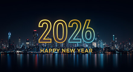 2026 Happy New Year Cityscape Night Lights Reflection