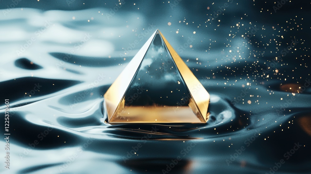 Poster a transparent pyramid floats above the water's surface, surrounded by ripples and shimmering particl