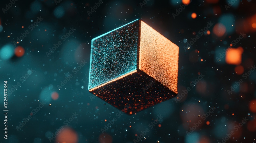 Poster a glowing cube floating in a vibrant space filled with colorful particles and a futuristic atmospher