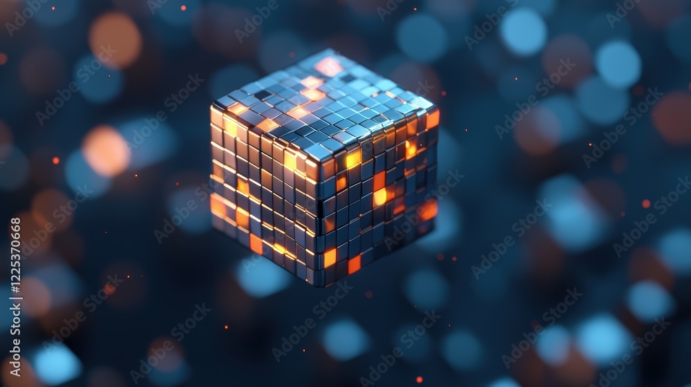 Poster a glowing, futuristic cube floats in a blurred, colorful background, creating a mesmerizing digital 