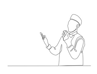 Continuous line art drawing of person praying. Religious prayer in single line art drawing vector illustration. Editable stroke.