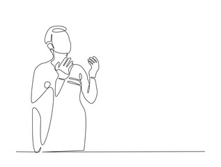 Continuous line art drawing of person praying. Religious prayer in single line art drawing vector illustration. Editable stroke.