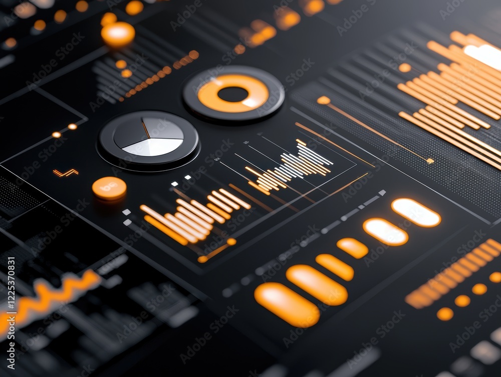 Poster a sleek, modern dashboard interface featuring vibrant orange and black elements, showcasing data vis