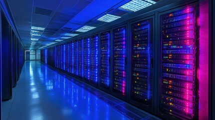 Fototapeta premium Illuminated Server Room: A Glimpse into the Digital Core