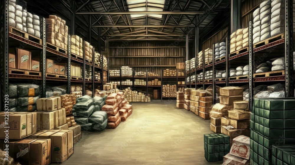 Poster a vast warehouse filled with stacked crates and boxes