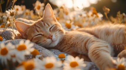 A content orange cat sleeps soundly on a blanket surrounded by vibrant daisies, basking in the warm light of the golden hour in a tranquil outdoor space.