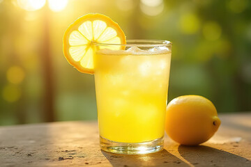 refreshing glass of lemonade with ice cubes and lemon slice, glowing in warm sunlight
