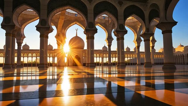 Grand Mosque Courtyard with Ornate Arches and Sunlight Streaming Through at Sunset, Reflecting on Polished Marble Floor

