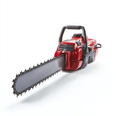 Fototapeta premium A high-quality image of a powerful red chainsaw with a long blade against a white background, ideal for showcasing tools used in construction and woodworking.
