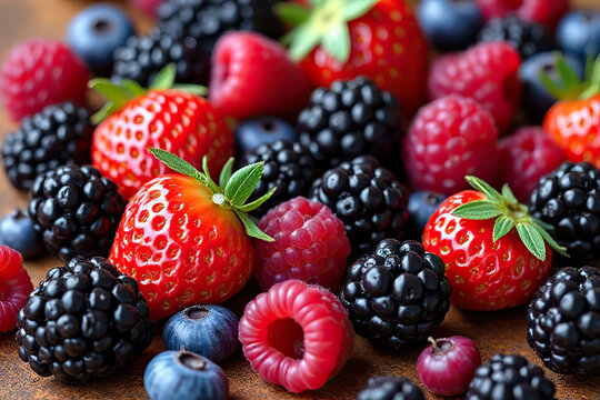 vibrant assortment of fresh strawberries, blackberries, raspberries, and blueberries on rustic surface