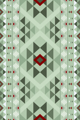 Seamless Abstract Tribal Style Pattern with Triangle and Diamond Shapes. Ethnic Geometric Design in Green and Red Tones. Decorative Tribal Background. Vector illustration.