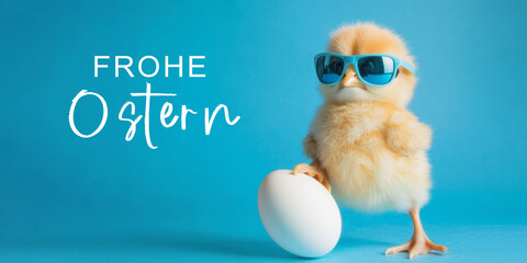 Frohe Ostern Konzept Feiertag Grußkarte mit deutschem Text - Cooles süßes Küken mit Sonnenbrille und Osterei, isoliert auf blauem Hintergrund