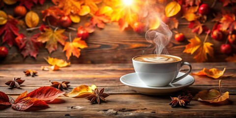 Aromatic autumn beverage on rustic wood with fall leaves and star anise