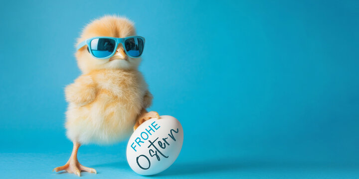 Frohe Ostern Konzept Feiertag Gru&szlig;karte mit deutschem Text - Cooles s&uuml;&szlig;es K&uuml;ken mit Sonnenbrille und Osterei, isoliert auf blauem Hintergrund