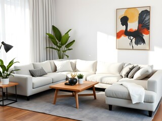 Cozy minimalist living room with a gray sofa, wooden coffee table, potted plants, and abstract wall art