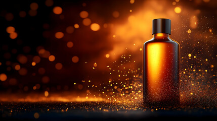 A stunning amber bottle glows against a backdrop of shimmering particles, evoking luxury and elegance.