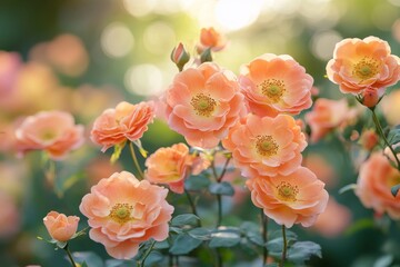 Peach-colored roses blooming in a garden, illuminated by warm sunlight, creating a vibrant and beautiful scene