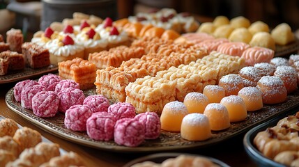 Assorted Delicious Cakes And Pastries On A Tray