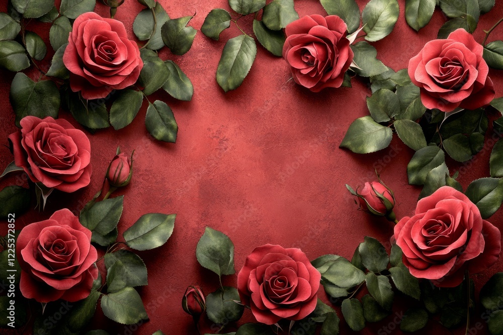 Poster red roses and green leaves arranged on a red textured background creating a beautiful border with co