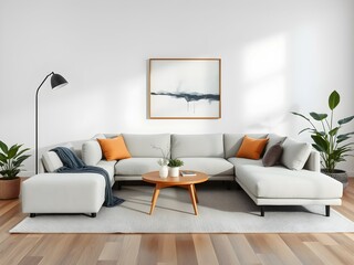 Cozy minimalist living room with a gray sofa, wooden coffee table, potted plants, and abstract wall art