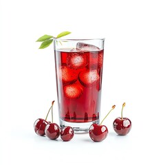 A refreshing glass of cherry beverage filled with ice and garnished with a leaf, surrounded by fresh cherries on a white isolated background.