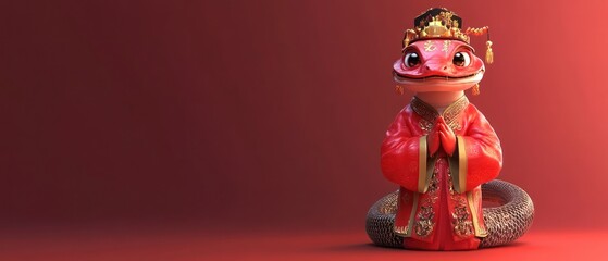 A Cute, Cartoon Snake In Regal Chinese Clothing Sits On A Red Background, Conveying A Peaceful And Celebratory Vibe.