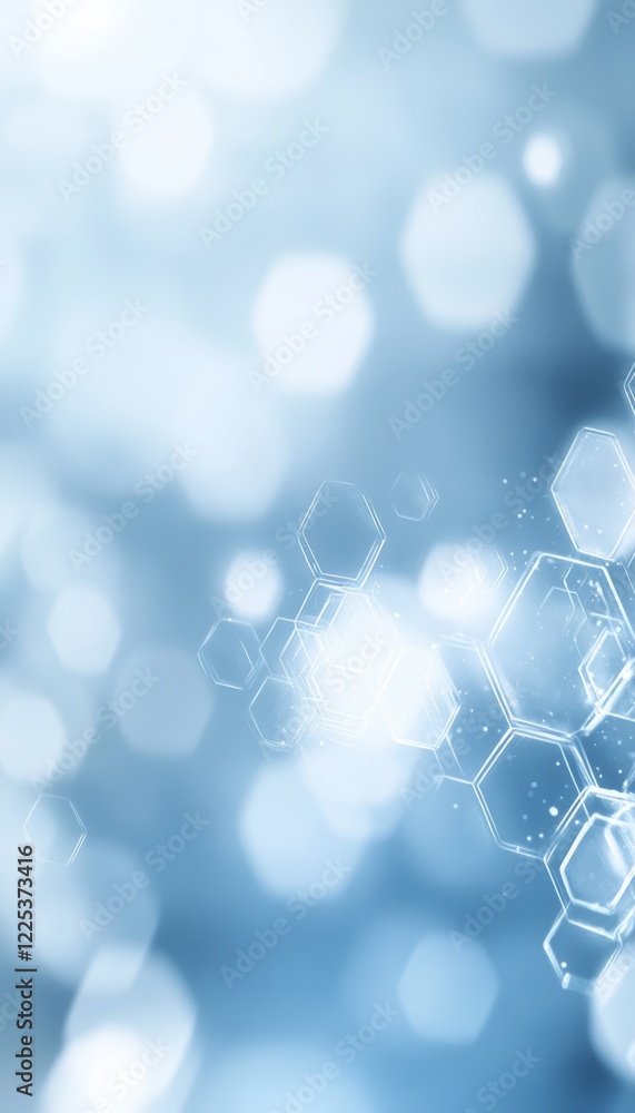 Poster abstract background with hexagonal shapes, bokeh effect, and copy space in blue and gray tones.