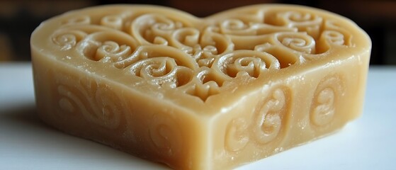 A heart-shaped soap bar with subtle white swirls is centered on a white surface. The sharp focus and high contrast highlight the smooth texture and elegant design of the soap, making it perfect 