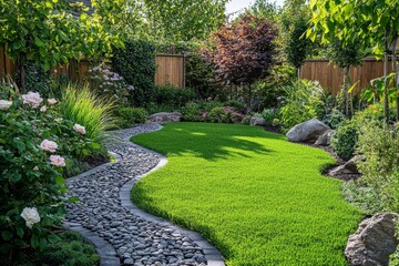 Beautifully landscaped garden featuring lush grass and a winding stone path