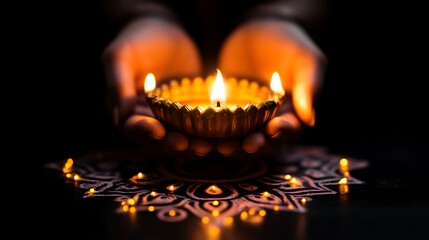 Hands Holding a Lit Diya Lamp with Mandala Design