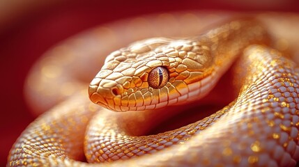 Fototapeta premium A Golden Snake, Its Scales Shimmering, Coils On A Red Background. The Close-Up Shot Highlights The Intricate Texture And Eye-Catching Color.