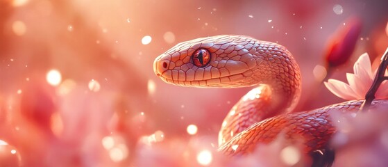Obraz premium A Gorgeous, Pinkish-Orange Snake With Striking Red Eyes Rests Among Delicate, Light Pink Blossoms. The Scene Is Dreamy And Ethereal, Bathed In Warm, Golden Light.