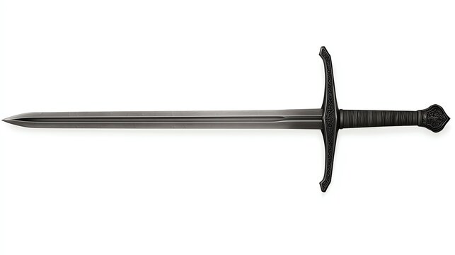 A sleek black sword with a traditional design, featuring a long blade and a robust grip, isolated on a white background, perfect for medieval themed projects.
