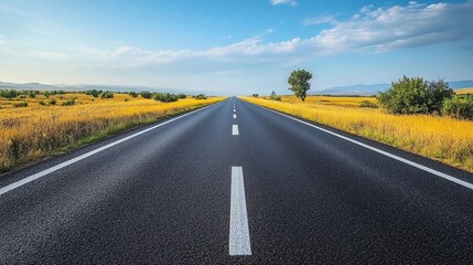 Fototapeta premium A smooth highway stretching through miles of prairie, with the horizon barely visible. 