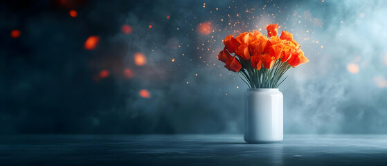 A stunning display of vibrant orange flowers in a modern white vase, enhanced by an ethereal, smoky background.