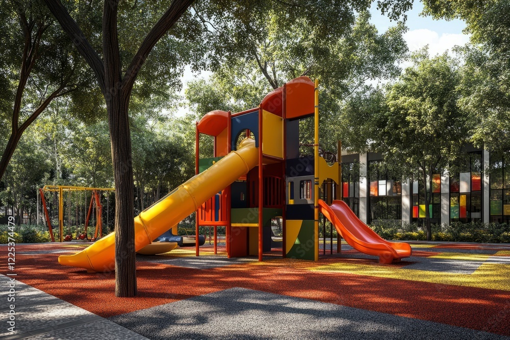 Poster modern playground structure with slides and climbing features stands on a colorful soft surface, sur