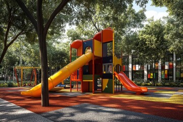 Modern playground structure with slides and climbing features stands on a colorful soft surface,...