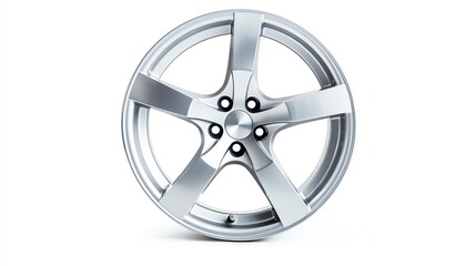 Obraz premium A sleek silver alloy wheel designed for high-performance vehicles, showcasing a modern aesthetic with five spokes on a white isolated background.