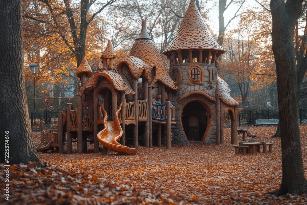 Poster wooden fairytale playground structure with slide and climbing features surrounded by colorful autumn