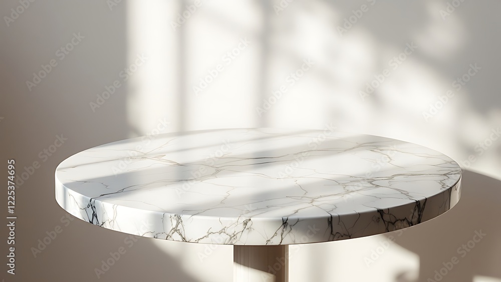 Poster round marble table top with abstract shadow drop on white wall background for mockup product display