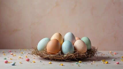 Easter egg and toy car on wooden background, happy easter day concept