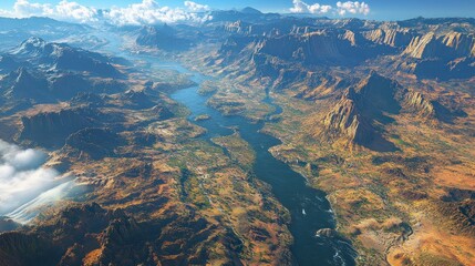 Aerial View of a River Cutting Through a Mountainous Landscape