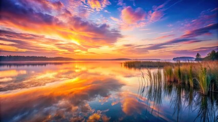 Serene Sunset Reflection on Calm Lake Water with Reeds