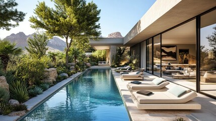 A sleek, contemporary patio oasis with a shimmering infinity pool, stylish lounge chairs, and lush vegetation in the middle of a desert in an opulent Las Vegas property