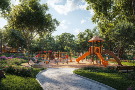 Kids playing on colorful equipment in a lush, green park under a bright sky
