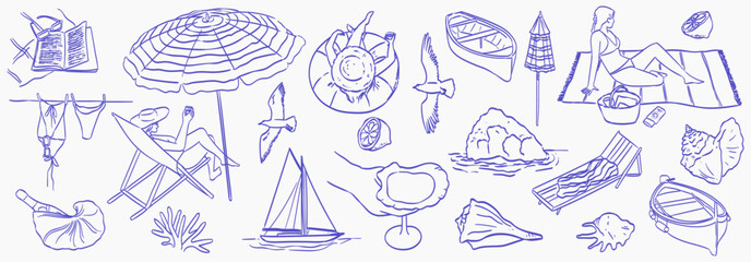 Summer vacation doodle style illustration set. Vector ink hand drawn Italian coast sea or beach print elements. Sea weekend or rest collection for invitation to beach party, picnic, wedding.