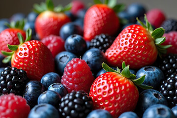 Obraz premium vibrant assortment of fresh strawberries, blueberries, blackberries, and raspberries, showcasing their natural colors and