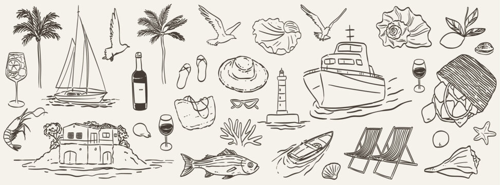 Summer vacation doodle style illustration set. Vector ink hand drawn Italian coast sea or beach print elements. Sea vacation collection for invitation to beach party, picnic, wedding or save the date.