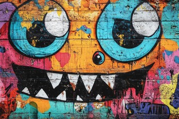 Vibrant street art featuring a whimsical monster face with large eyes