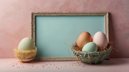 Easter egg and toy car on wooden background, happy easter day concept